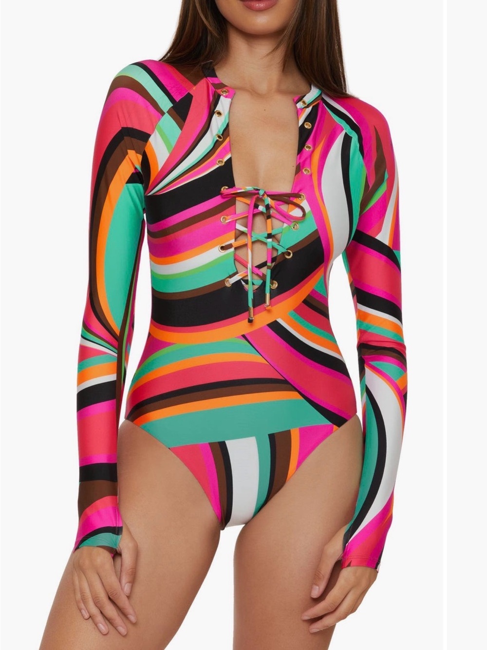 NWT Trina Turk Women's Swoop Lace-up Long-sleeve One-piece Swimsuit Size XS